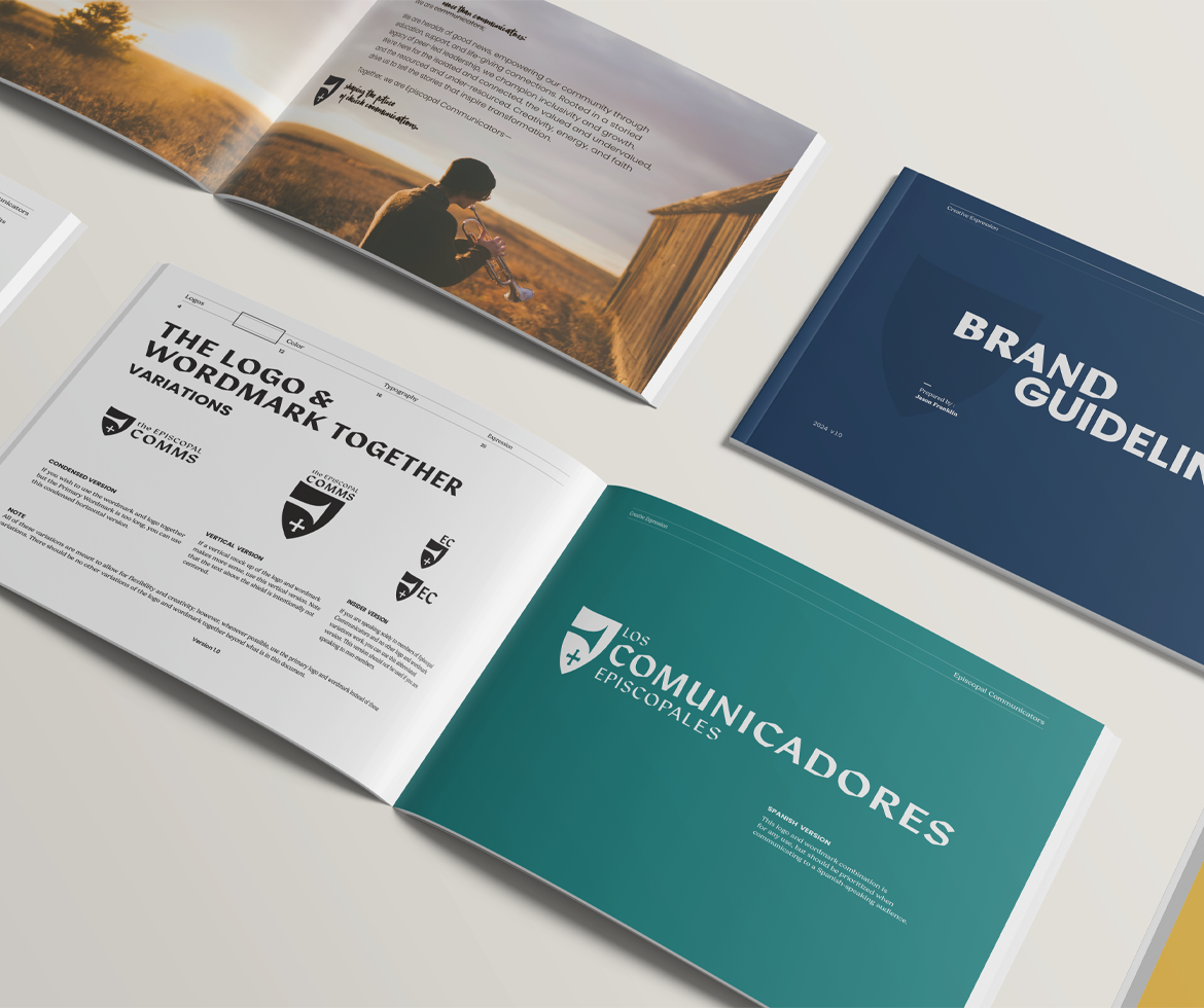 Image of the Episcopal Communicators Brand book open to the page with logo information.