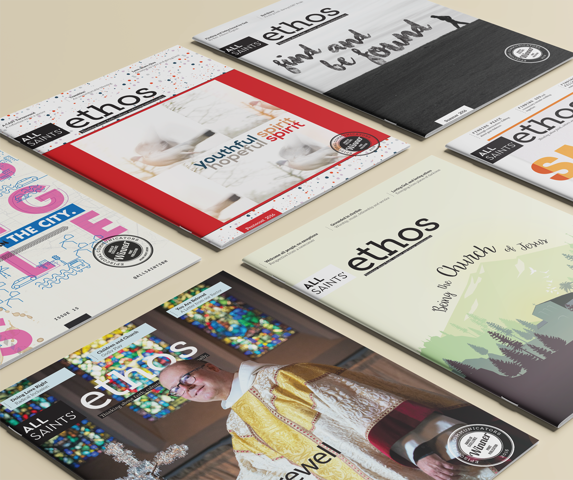 A photo of six covers of a magazine called Ethos