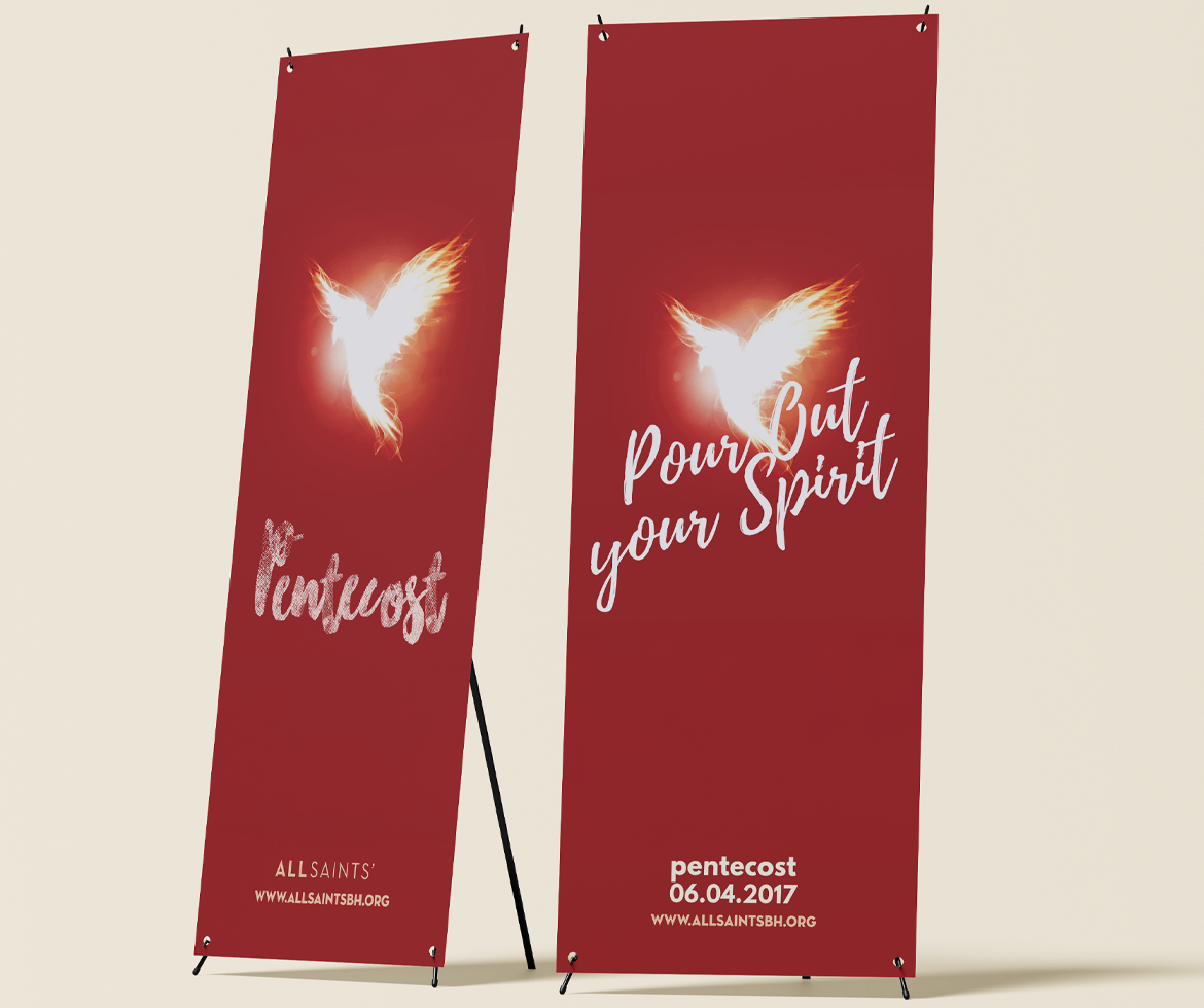 Two large banners advertising the season of Pentecost